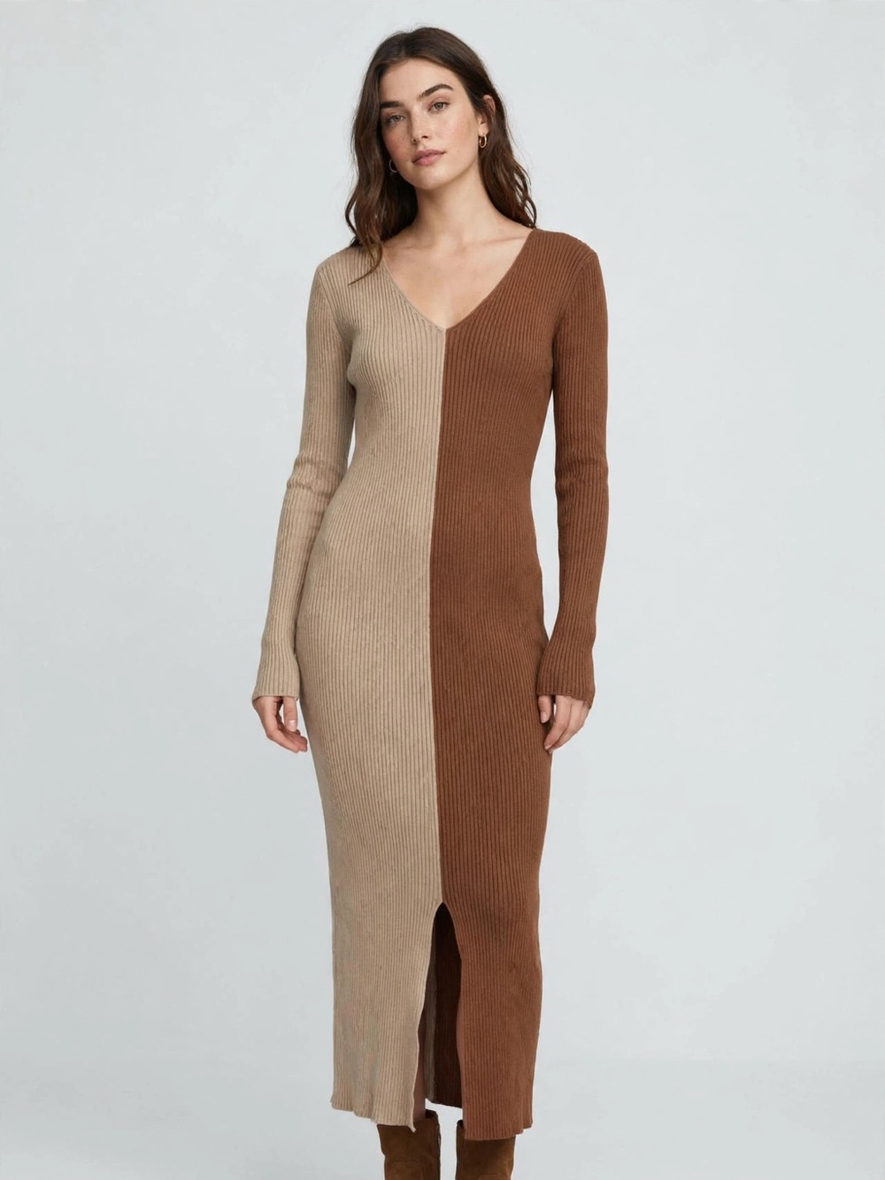 BiBi Two-Tone Rib Knit Long Sleeve Midi Dress — Beige & Brown